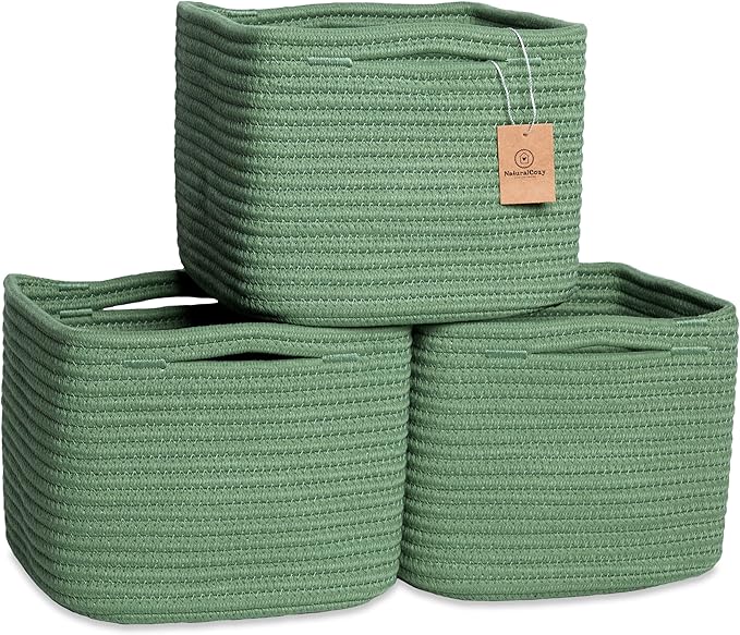 NaturalCozy Storage Cubes 9”x9”x7”Cotton Rope Woven Baskets for Organizing 3-Pack | 9 Inch Cube Storage Bin | Small Basket for Shelf Nursery, Pantry, Decorative Plant, Bathroom Closet, Toy Gift-Ruum Studio Home