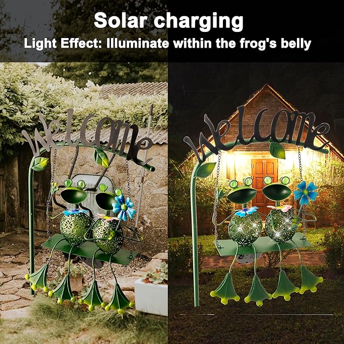 Frog Solar Light Garden Outdoor Decoration Swing Metal Stake Lamp with Welcome Sign Waterproof Patio Yard Decor Gifts-48 inch-Ruum Studio Home