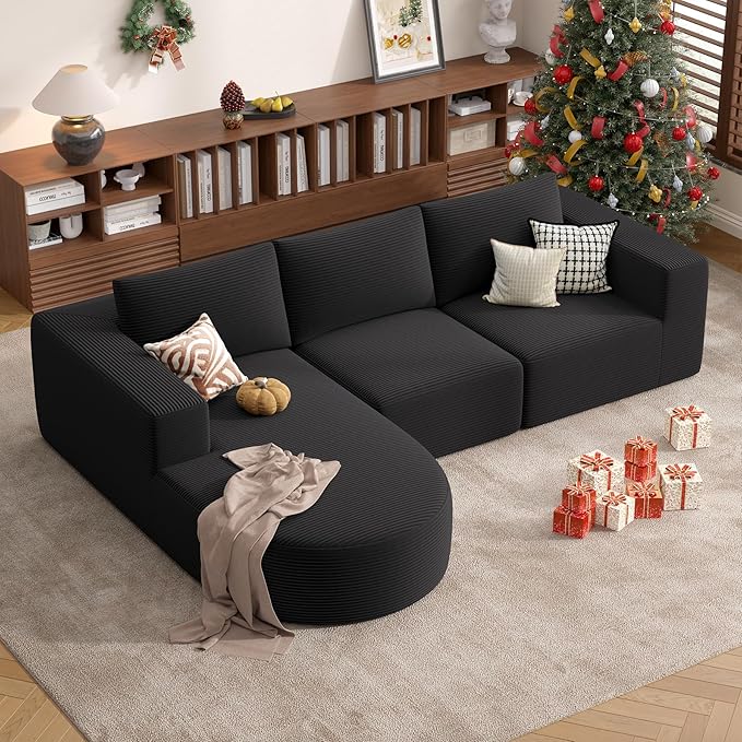 Modular Sectional Sofa with L-Shape Chaise,Cloud Sectional Modern Sleeper Couch with Deep Seat,Sponge Compression Sofas No Assembly Required (Black-Corduroy Fabric) 1pcs-Ruum Studio Home