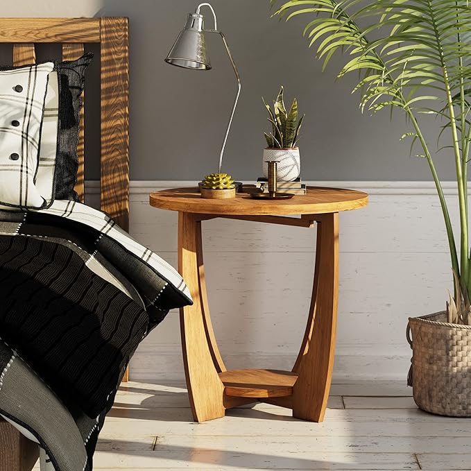 Rustic Farmhouse End Table with Storage Shelf, French Country Accent Side for Family, Dinning or Living Room, Small Spaces, Modern, Round, Vintage Caramel Brown Finish-Ruum Studio Home