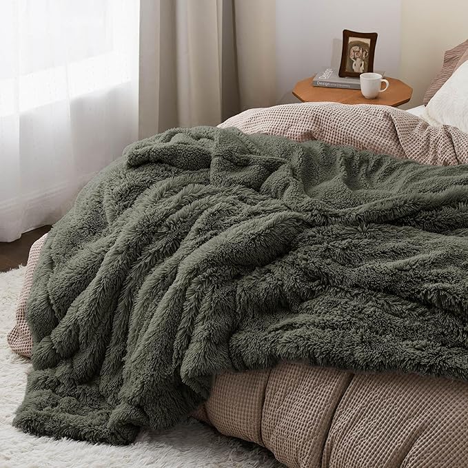 Bedsure GentleSoft Fluffy Olive Green Blankets Queen Size for Bed, Thick Sherpa Faux Fur Fleece Fuzzy Plush Winter Warm Soft Queen Blankets, Bedroom Olive Green Decor Cozy Gifts for Women Men, 90x90-Ruum Studio Home