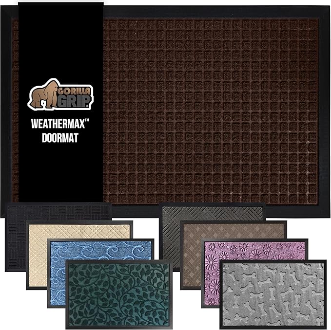 GORILLA GRIP 100% Waterproof All-Season WeatherMax Doormat 35x23, US Designed Natural Rubber, Stain and Fade Resistant, Low Profile Indoor Outdoor Door Mats, Easy Clean Patio Mat, Coffee Squares-Ruum Studio Home