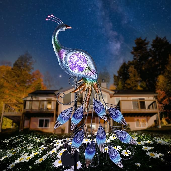 TERESA'S COLLECTIONS Solar Garden Lights Outdoor Garden Decor, Metal Peacock Decorations for Yard, 33'' Purple Decorative Garden Stake for Outside with Crackle Glass Ball, Lawn Party Gifts for Mom-Ruum Studio Home