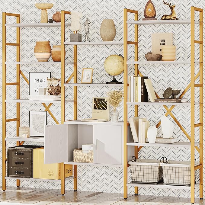 Triple 5 Tier Bookshelf, Industrial Large Bookcase with Storage Cabinet, Tall Gold Bookshelf with 14 Open Display Shelves Metal Frame Furniture for Living Room Bedroom Home Office Gold & White-Ruum Studio Home