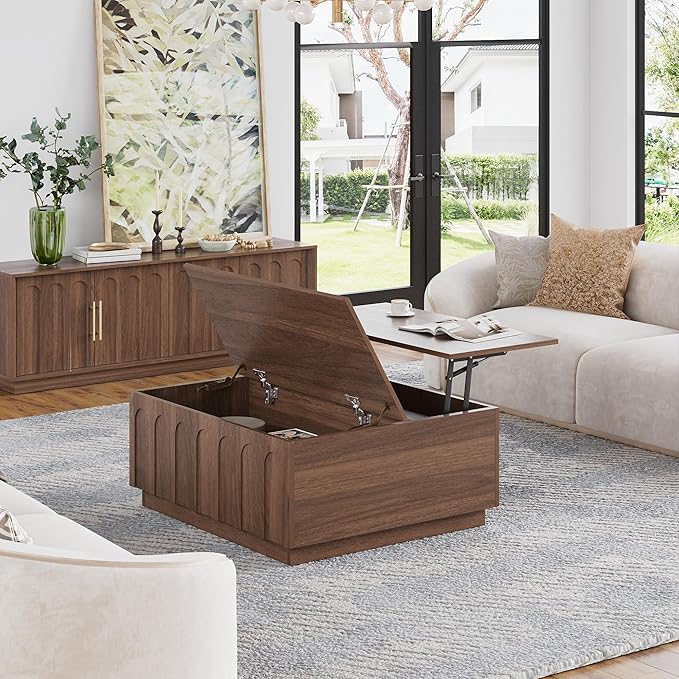 Lift Top Coffee Table with Storage, Mid Century Modern Coffee Table with Arched Design, 31.5" Square Tea Table with Wood Grain, Multifunctional Center Table for Living Room, Office, Walnut-Ruum Studio Home