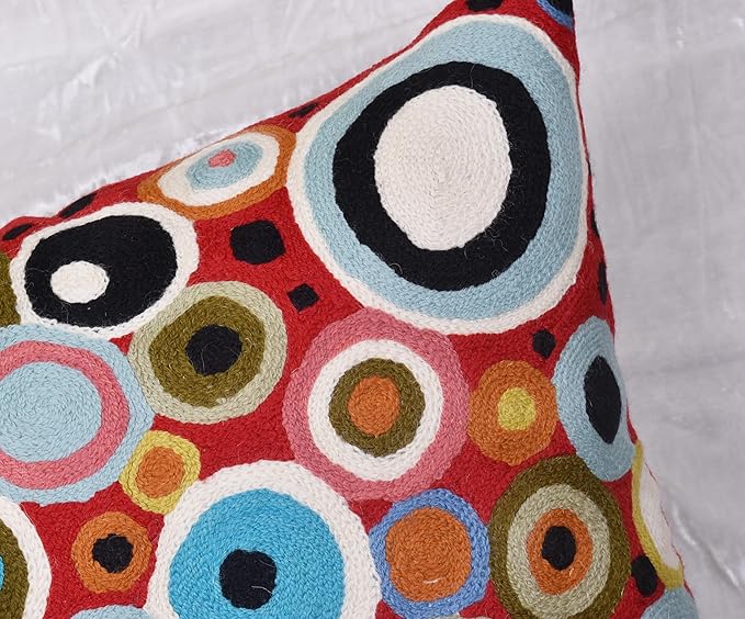 Red Polka Dots Pillow Cover | Reds Contemporary Pillows | Farmhouse Chair Cushion | Modern Outdoor Pillows | Red Throw Chair Pillow | Hand Embroidered Cushions Wool Size - 18x18-Ruum Studio Home