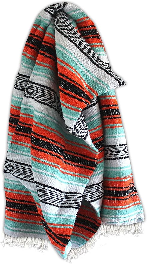 Del Mex Classic Mexican Blanket, Large Authentic Woven Falsa Throw (70"x50"), Artisan Southwest Décor for Beach, Yoga, Outdoors (Mint/Orange)-Ruum Studio Home