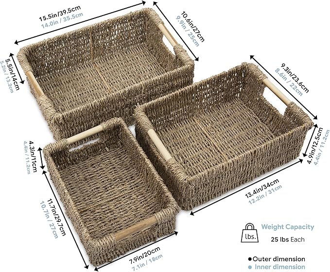 VATIMA Seagrass Baskets with Wooden Handles, Set of 3 Decorative Natural Wicker Baskets for Kitchen-Ruum Studio Home