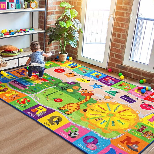 Kids Rugs for Playroom Classroom Bedroom, Educational and Fun Play Mat with ABC Alphabet Animals, Learning Rug for Children Toddler Baby Girls Boys Nursery, Washable, 4x6-Ruum Studio Home