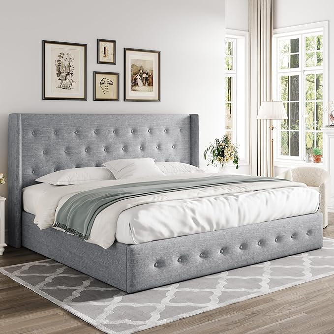 Allewie King Size Lift Up Storage Bed, Button Tufted Headboard with Wingback, Hydraulic Support, No Box Spring Needed, Light Grey-Ruum Studio Home