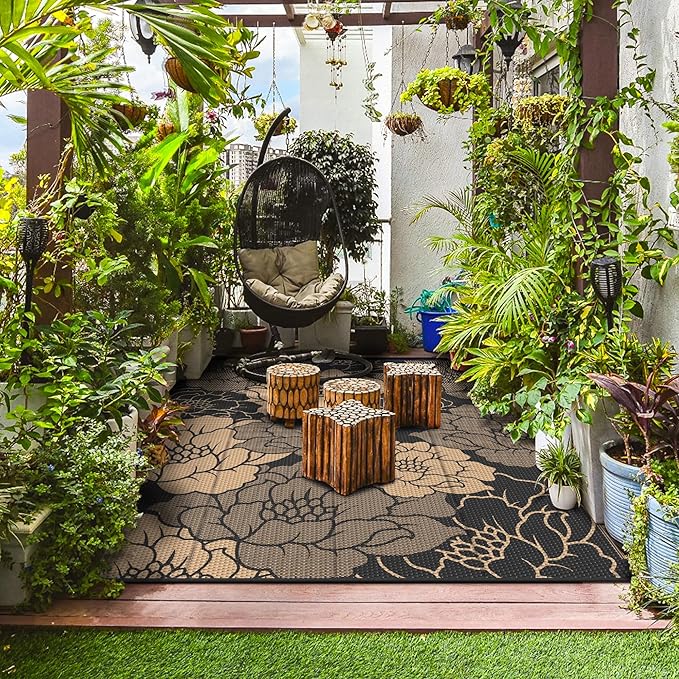 GENIMO Outdoor Rug Waterproof for Patio Decor, 8' x 10' Reversible Plastic Straw Floral Camping Carpet, Large Area Rugs Mats for RV, Camper, Deck, Balcony, Porch, Beach, Picnic, Mix-Black & Brown-Ruum Studio Home
