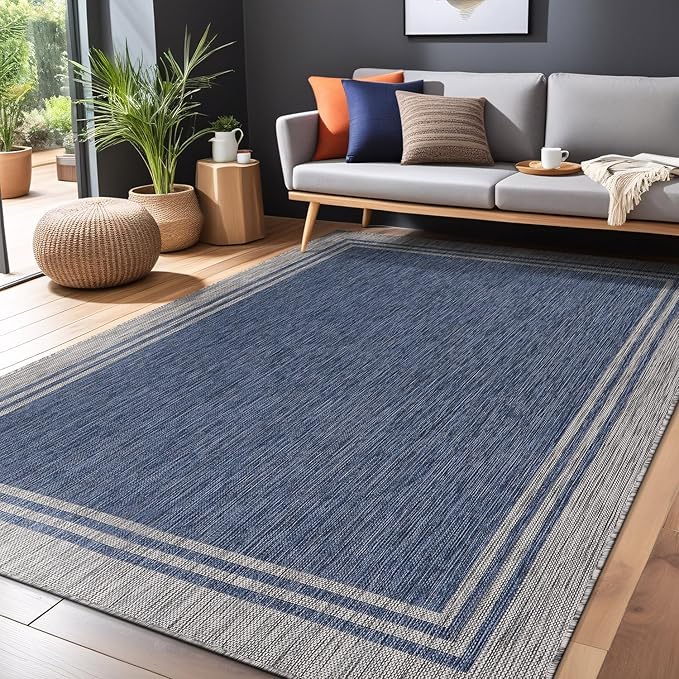 Bordered Outdoor Rug 5x7 Washable Outside Carpet for Indoor Patio Porch Waterproof Easy Cleaning Non Shedding Area Rugs Navy 5 x 7-Ruum Studio Home