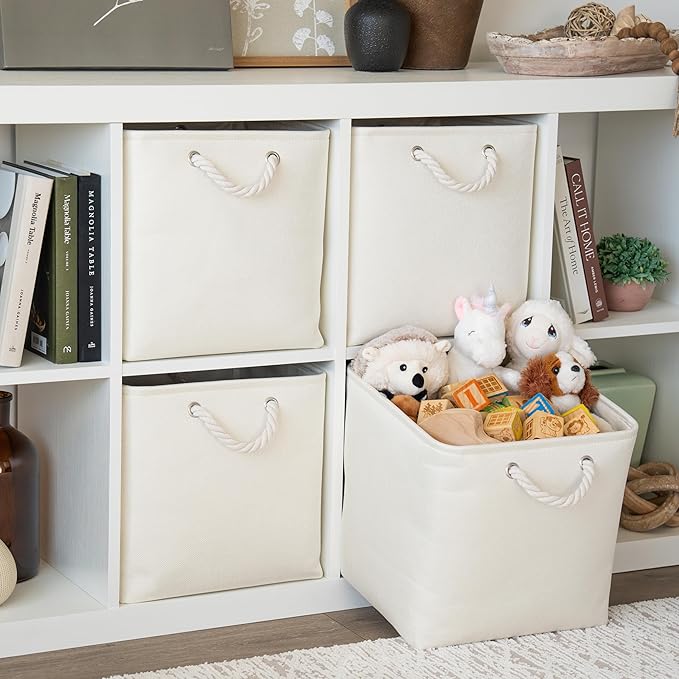 OrganiHaus 13x13 Cube Storage Bins 4 Pack, Foldable Cube Storage Organizer w/ Rope Handles, Collapsible Fabric Bins for Toys, Clothes & Closet Organization, Fabric Square Baskets - Off-White-Ruum Studio Home