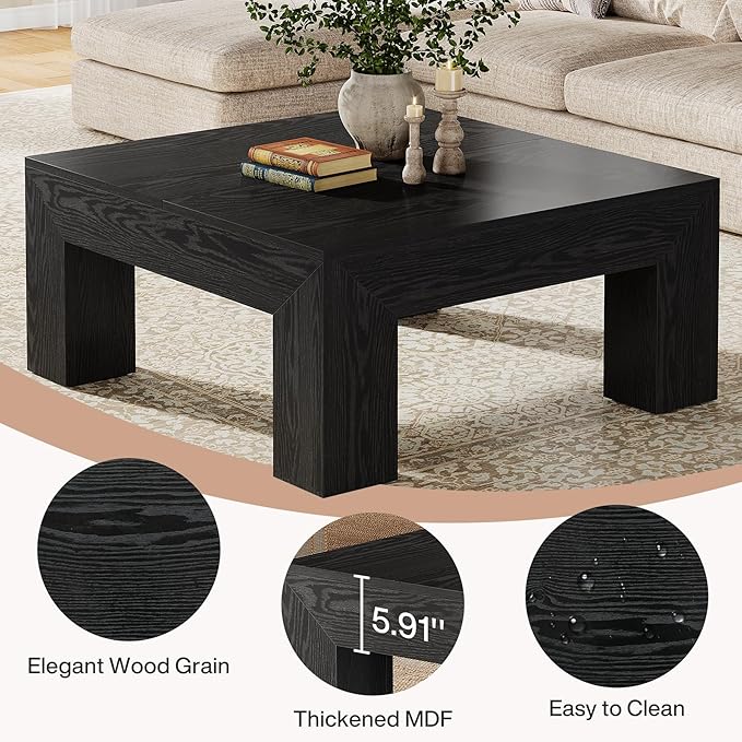 Tribesigns 39.4-Inch Square Coffee Table for Living Room, Farmhouse All MDF Accent Center Cocktail Table with Sturdy Wooden Legs, Easy Assembly, Black-Ruum Studio Home