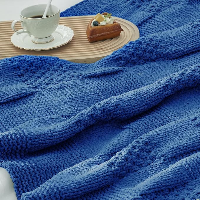 Amélie Home Chenille Knit Throw Blanket for Couch, Checkered Texture Decorative Soft Blanket for Sofa, Bed & Living Room, 50"x60", Blue-Ruum Studio Home
