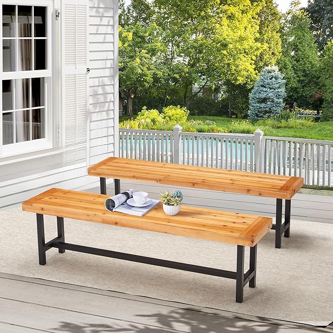 AVAWING Outdoor Wood Benches Set of 2, Patio Wooden Picnic Bench Waterproof, Backless Long Garden Park Chair for Porch, Balcony and Deck, Natural-Ruum Studio Home