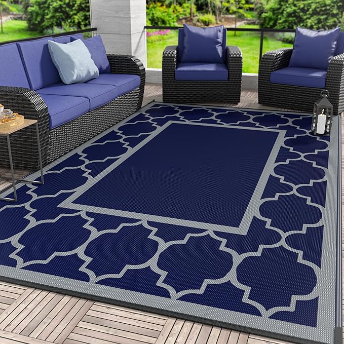 GENIMO Outdoor Rug 8' x 10' Patio Waterproof, Foldable Reversible Plastic Straw Area Rugs Mat for Camper Decor, Outside Carpet for Rv, Deck, Porch, Picnic, Beach, Balcony, Blue & Grey-Ruum Studio Home