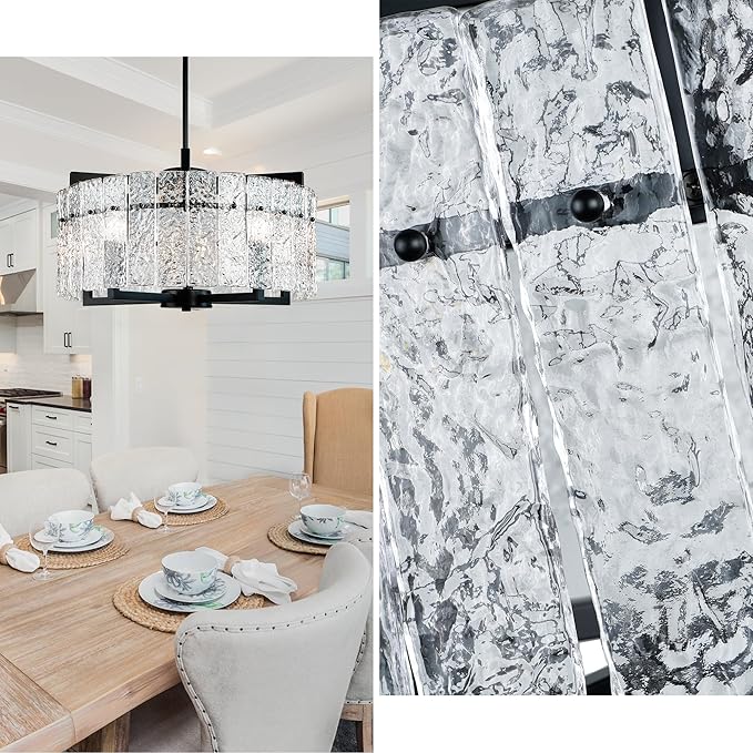 IKK Modern Black Crystal Chandeliers for Dining Room, Luxury Water Ripple Glass Light Fixture, Elegant Farmhouse Round Lighting for Kitchen Island, Bar Table, D20-Ruum Studio Home