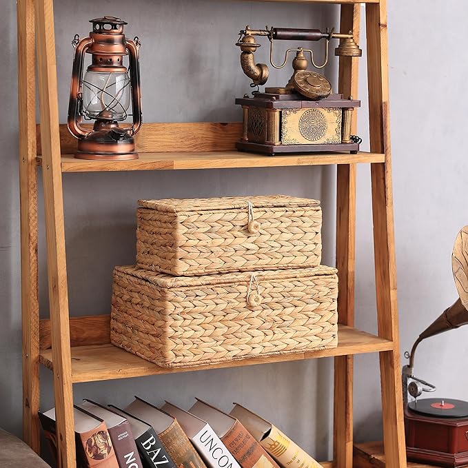 Set of 2 Rectangular Wicker Storage Bins with Lid, Rattan Basket Decorative Boxes, Multipurpose Organizer Display Boxes for Shelf Organizer, Boho Rattan Box for Home Decoration-Ruum Studio Home