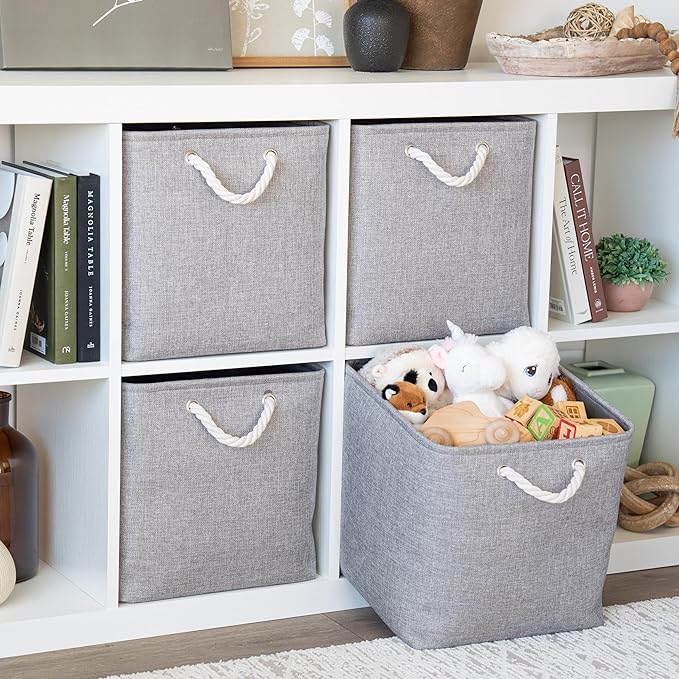 OrganiHaus 13x13 Cube Storage Bins 4 Pack, Foldable Cube Storage Organizer w/ Rope Handles, Collapsible Fabric Bins for Toys, Clothes & Closet Organization, Fabric Square Baskets - Gray-Ruum Studio Home