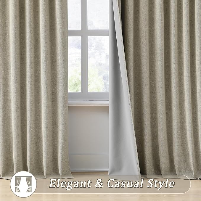 RAIN CITY Taupe Blackout Linen Blend Curtains&Drapes 144 Inch Long 12ft Length Custom Made High Ceiling Draperies with Hooks 2 Story Light Blocking Curtains for Loft Sliding Door 50 Wide Set of 2-Ruum Studio Home