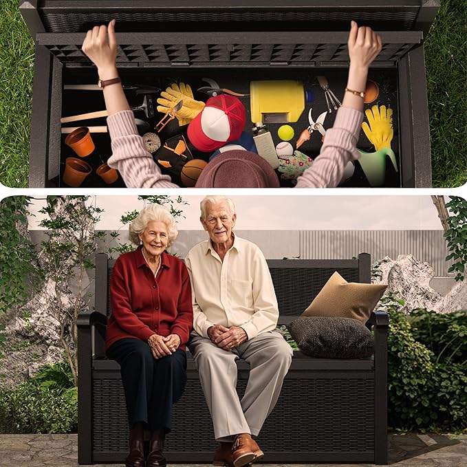 DRATO 75 Gallon Storage Bench Deck Box Outdoor Indoor,Lockable Durable All-Weather Seating with Hidden Storage,Deck Storage for Garden, Pool, Patio,Black-Ruum Studio Home
