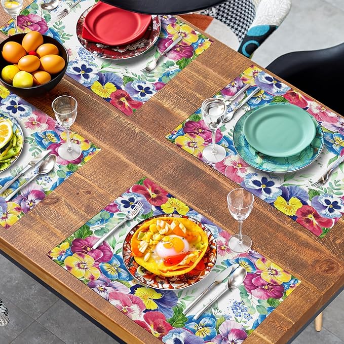 Watercolor Flowers Placemats Set of 4 Spring Summer Floral Butterfly Linen Fabric Table Mats Pansy Flower Eucalyptus Leaves Washable Place Mats for Farmhouse Dining Table Kitchen Decoration-Ruum Studio Home