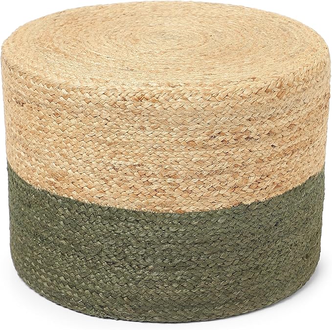 REDEARTH · Cylindrical Pouf Foot Stool Ottoman - Jute Braided Pouffe Poof Accent Sitting Footrest for Living Room, Bedroom, Nursery, Patio, Lounge & Other Rooms (Natural Olive, 18"x18"x14")-Ruum Studio Home