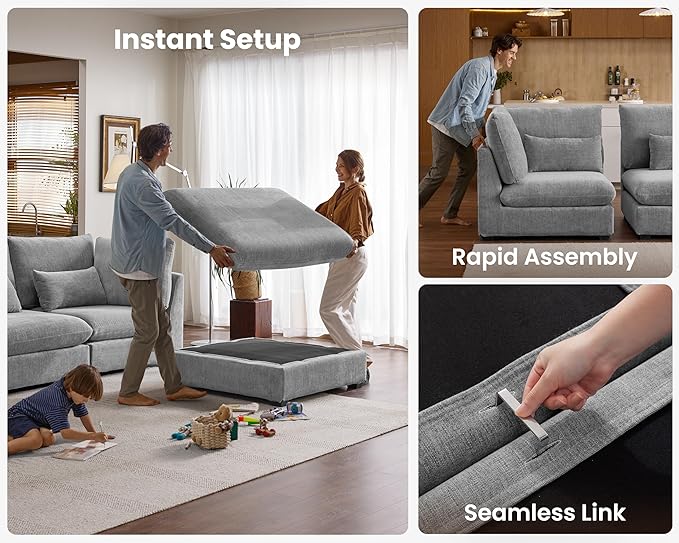 Oversized Modular Sofa, Extra Deep Cloud Chenille Sectional Couch with Ottoman Chaise, Fluffy Chenille 2 Seater Sofa Bed for Living Room, Villa (Loveseat Sofa, Chenille Grey)-Ruum Studio Home