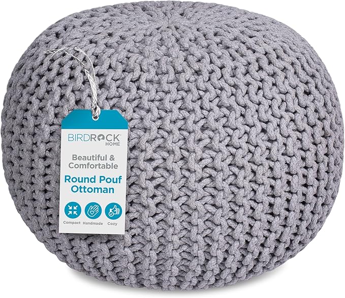 BIRDROCK HOME Round Pouf Ottoman | Cotton Braided Foot Stool with Bean Bag Filling | Boho Foot Rest for Living Room & Bedroom | Compact & Comfortable Seating, Lightweight & Soft | Light Grey-Ruum Studio Home