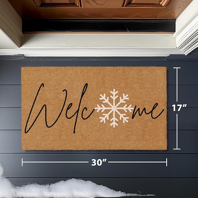 Barnyard Designs Natural Coco Coir Christmas Doormat - Large Cute Non-Slip Heavy Duty Backing Door Mat for Outside Entrance or Porch Entry, Brown (17x30, Winter Snowflake)-Ruum Studio Home