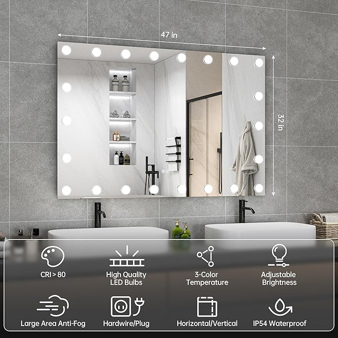 Hasipu LED Bathroom Mirror with Lights, 47" x 32" Hollywood Wall-Mounted Bathroom Mirror with 22 Dimmable Bulbs, 3 Colors Modes, Touch Control, Anti-Fog, Memory Function, Shatter-Proof, ETL Listed-Ruum Studio Home