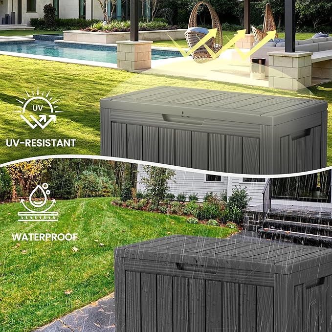 45 Outdoor Storage Box, Waterproof Resin Deck Box with Side Handles, Lockable Outdoor Bench for Indoor & Outdoor Use, Storage Bin for Patio Cushions, Garden Tools, Package Delivery, Black-Ruum Studio Home