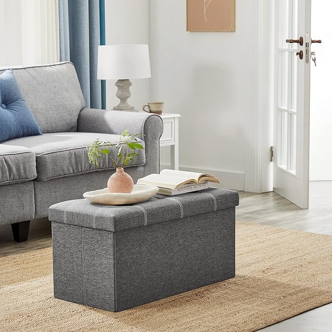 SONGMICS Mazie Collection - 30 Inches Ottoman Storage Bench, 21 Gal. Folding Chest with Breathable Linen-Look Fabric, Load up to 660 lb, for Entryway, Living Room, Bedroom, Dark Gray ULSF001G01-Ruum Studio Home