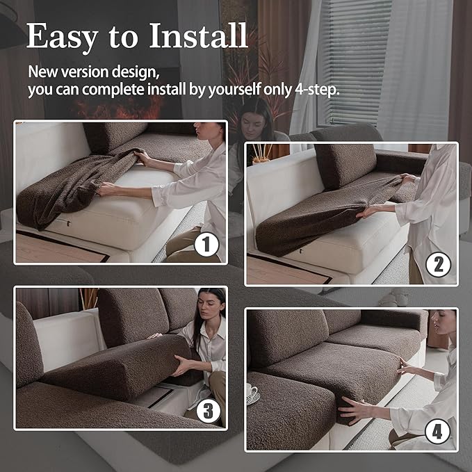 Couch Cushion Covers for Sectional Sofa, Stretch Soft Sofa Slipcovers Washable Wear-Resistant Universal Furniture Protector for Living Room(3 Seaters Covers+1 Chaise Cover, Brown)-Ruum Studio Home