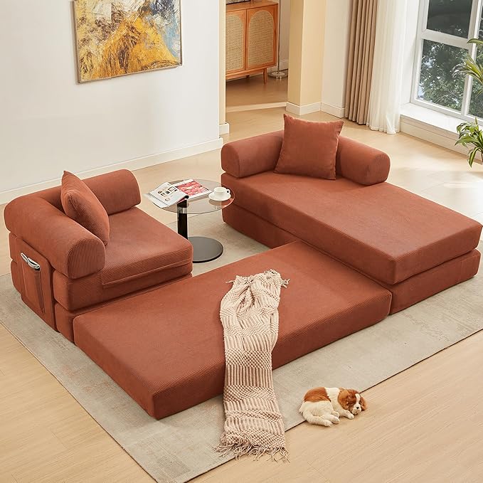 107" Oversized Convertible Sleeper Sofa Bed, Corduroy L Shape Sectional Couch, Folding Sofa Bed with Side Pocket, Modern Cloud Floor Mattress Couch, Modular Sofa for Living Room, Orange-Ruum Studio Home