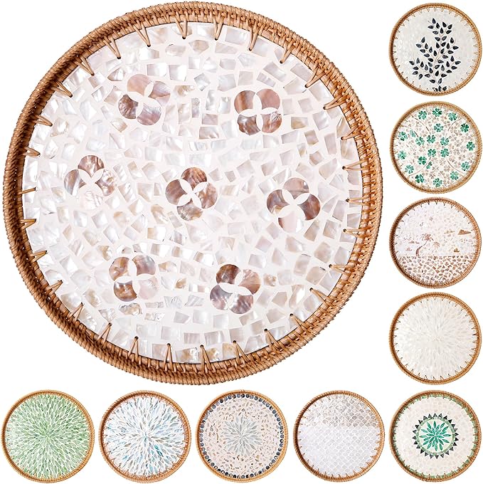 Round Rattan Tray with Mother of Pearl Inlay & Wooden Base - Decorative Wicker Serving Tray for Coffee/Bread/Fruits, Food Storage & Display - Multipurpose Home Decor (L,Four-Petal Flower)-Ruum Studio Home