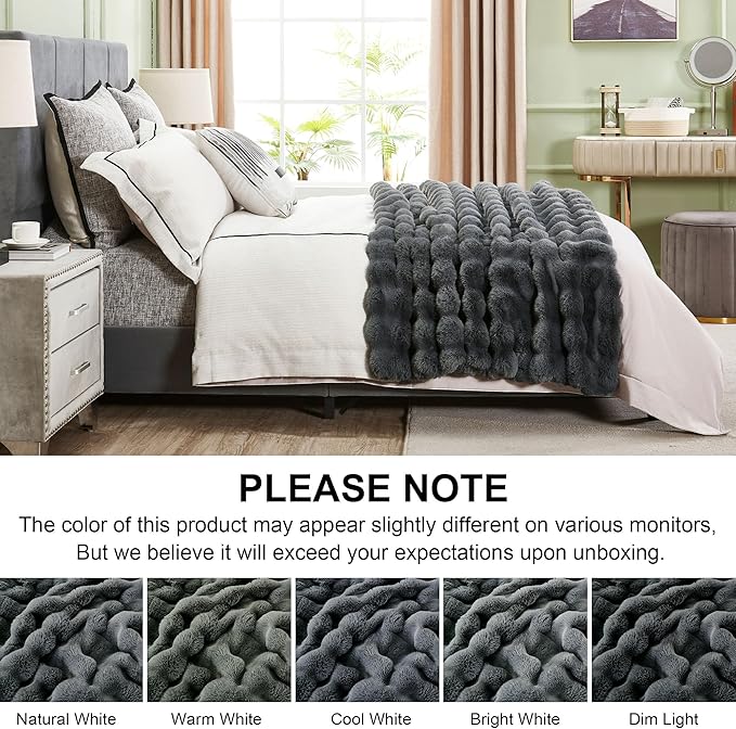 DREAMNINE Large Soft Thick Fuzzy Bubble Faux Rabbit Fur Bed Blanket Queen Size 80" x 90",Reversible Gray Plush Big Warm Shaggy Fluffy Blankets for Sofa, Solid Luxury Cozy Cute Bumpy Furry Blanket,Grey-Ruum Studio Home