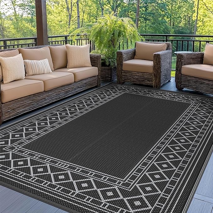 GENIMO Outdoor Rug 5'x8' Waterproof for Patio Decor, Reversible Outdoor Plastic Straw Rug Carpet, Camping Mats for Outdoor, RV, Backyard, Deck, Balcony, Picnic, Black & Grey-Ruum Studio Home