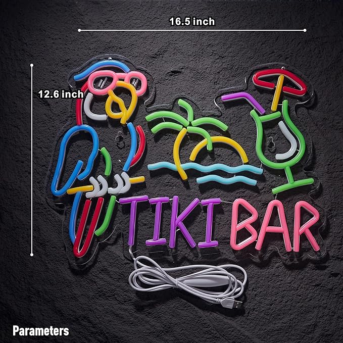 Tiki Bar Parrot Palm Tree Neon Sign for Wall Decor Hawaii Beach Bar LED Light up Signs with Dimmer for Pub Party Man Cave Room Art Decor Gift-Ruum Studio Home