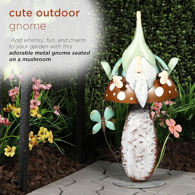 Alpine Corporation - Metal Gnome with Mushroom – 20" Tall Durable Iron Garden Statue, Whimsical Outdoor Décor for Patio, Lawn, Yard (Multicolor)-Ruum Studio Home