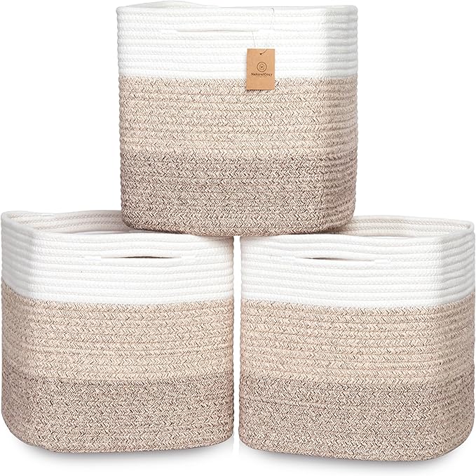 NaturalCozy 13 Inch Cube Storage Bins Cotton Rope Woven Baskets for Organizing 3-Pack | 13 x 13 Storage Cubes | Fabric Square Storage Baskets for Shelves Organizer, Kids Toy Bins, Closet Baby Nursery-Ruum Studio Home