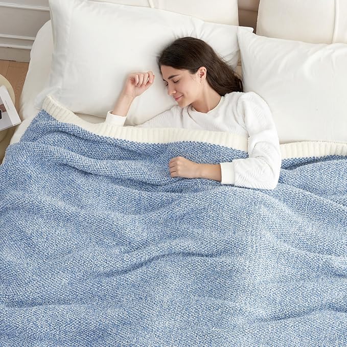 Snuggle Sac Blue Bedding Blanket Twin Size for Bed and Sofa, Reversible Super Soft Blankets Warm Cozy Knit Blankets Fuzzy Plush for Couch, Living Room, Blue, 60x80 inches-Ruum Studio Home