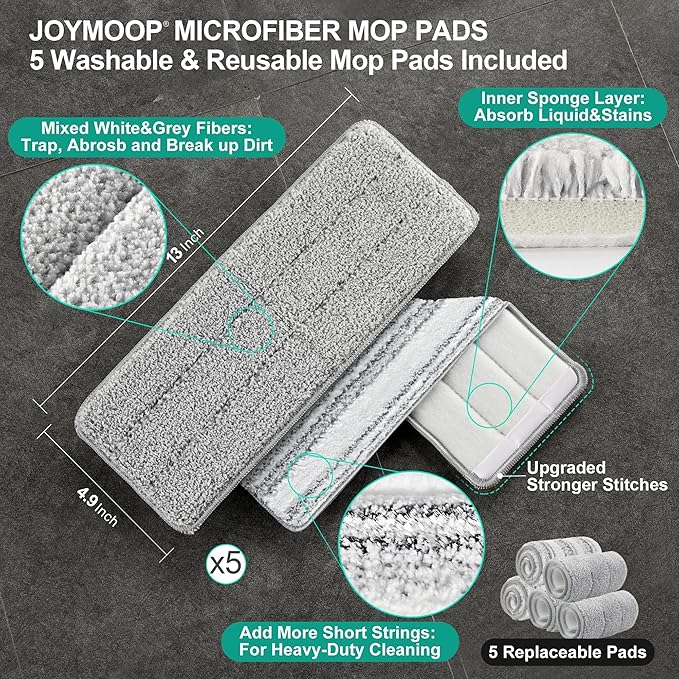 JOYMOOP Mop and Bucket with Wringer Set, Hands Free Flat Floor Mop and Bucket, with 5 Washable Microfiber Pads, Wet and Dry Use, Floor Cleaning System-Ruum Studio Home