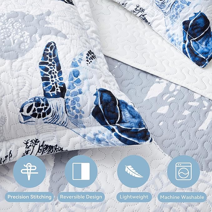 Coastal Bedding King Size Coastal Quilt with 2 Shams, Nautical Beach Comforter Sets Ocean Bedspreads Blue Seaturtle Coverlet Summer Bedding, 96''x106''-Ruum Studio Home