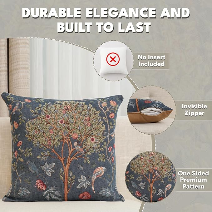 Charlotte Home Furnishings Decorative Tapestry Pillow Cover 19x19 in, Blue Kelmscott Couch Throw Pillow Cover, French Country Square Cushion Cases for Bed Room Home Decor, Soft Cotton Jacquard Woven-Ruum Studio Home