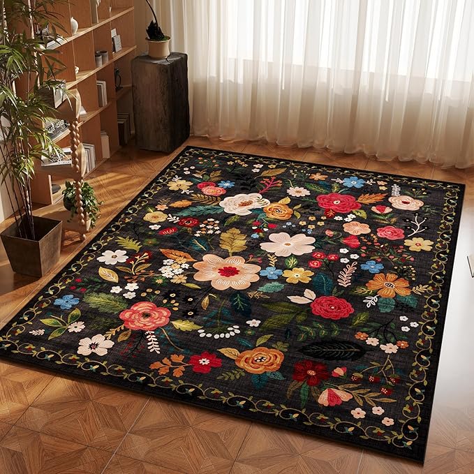 Bedroom Rug 3x5 Rug Washable Area Rug Non Slip Low Pile Boho Floral Small Carpet for Bedroom, Bedside, Kitchen, Entryway, Kids Room, Office, College Dorm Essentials for Girls(Black)-Ruum Studio Home
