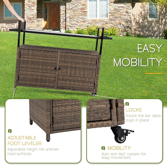 Wicker Outdoor Bar Cart - Brown Patio Console Storage Table Buffet Cabinet Serving Kitchen Cart with Wheels for Outside Backyard-Ruum Studio Home