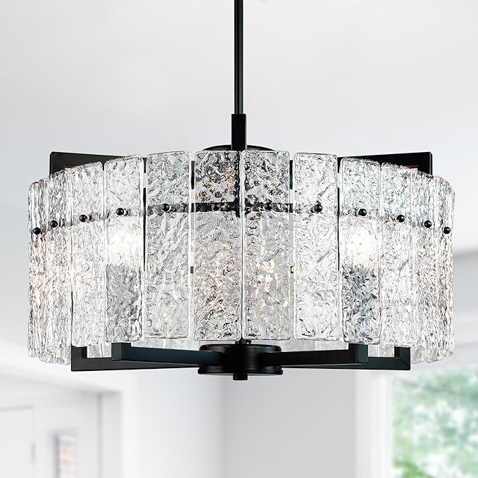 IKK Modern Black Crystal Chandeliers for Dining Room, Luxury Water Ripple Glass Light Fixture, Elegant Farmhouse Round Lighting for Kitchen Island, Bar Table, D20-Ruum Studio Home