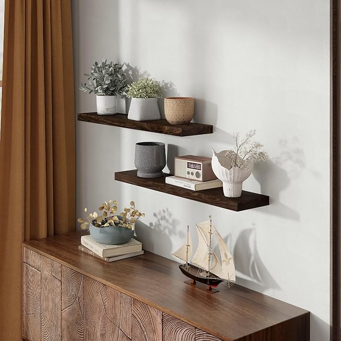 36 Inch Floating Shelves for Wall, Rustic Elm Wood Shelf for Home Decor, Heavy-Duty Wooden Floating Shelves for Kitchen, Wall Mounted Storage Shelves for Bathtoom, Living Room, Walnut Color, Set of 2-Ruum Studio Home